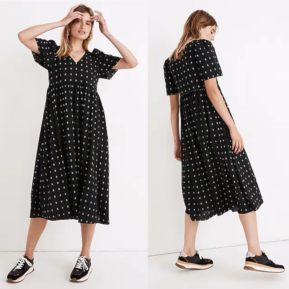 Madewell Dobby Puff-Sleeve V-Neck Midi Dress